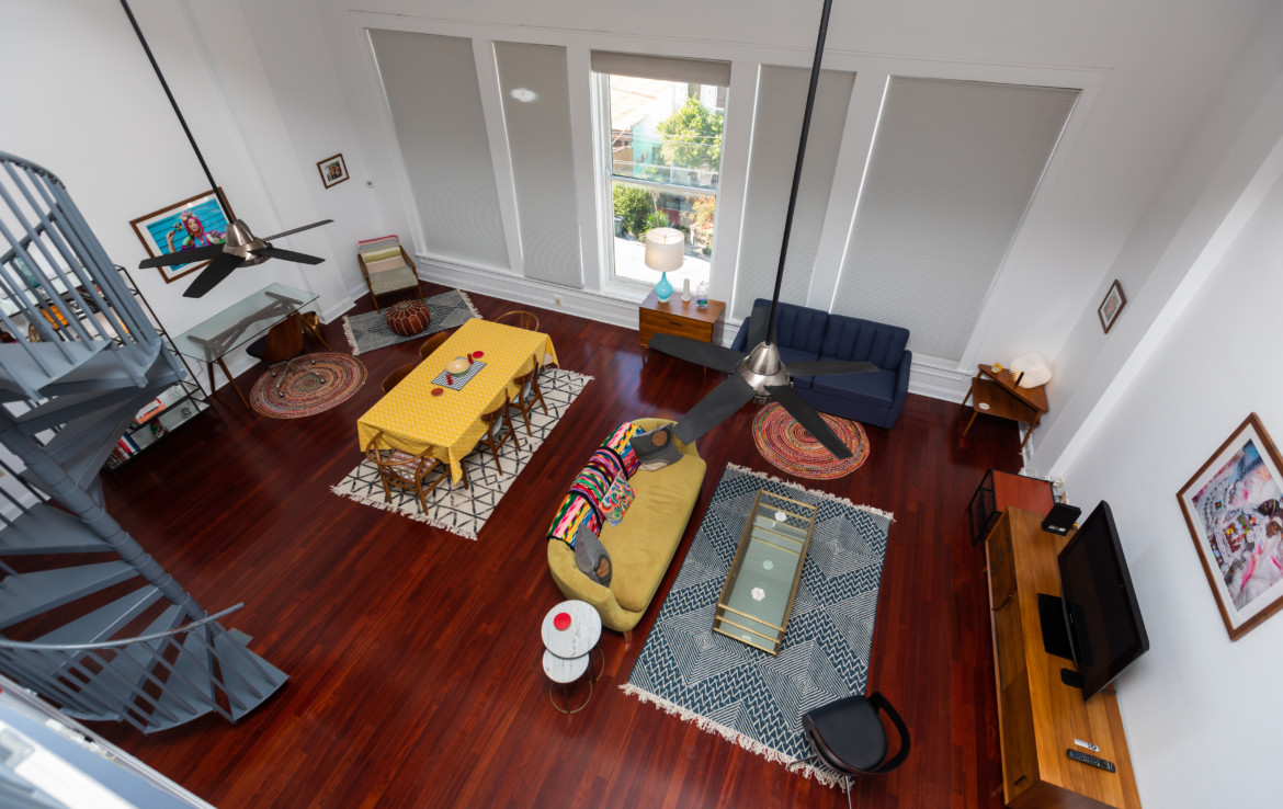 Bird's eye view of decorated interior of studio AirBnB