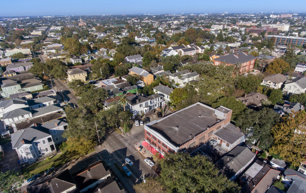 Angled drone view of 3535 Magazine Street