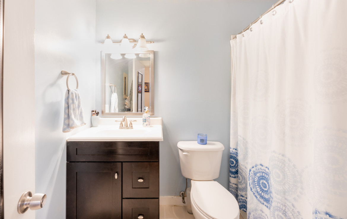 Bathroom with sink vanity, toilet, and white and blue shower curtain