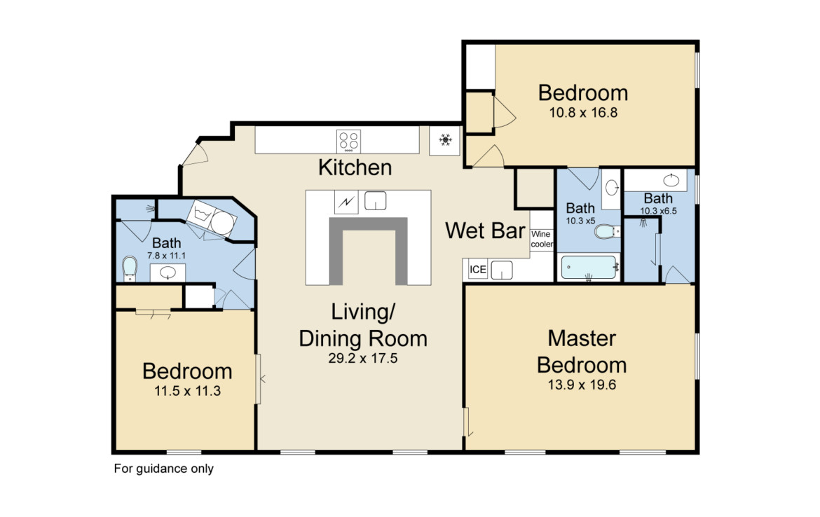Floor plan of bedrooms, living room, kitchen and baths
