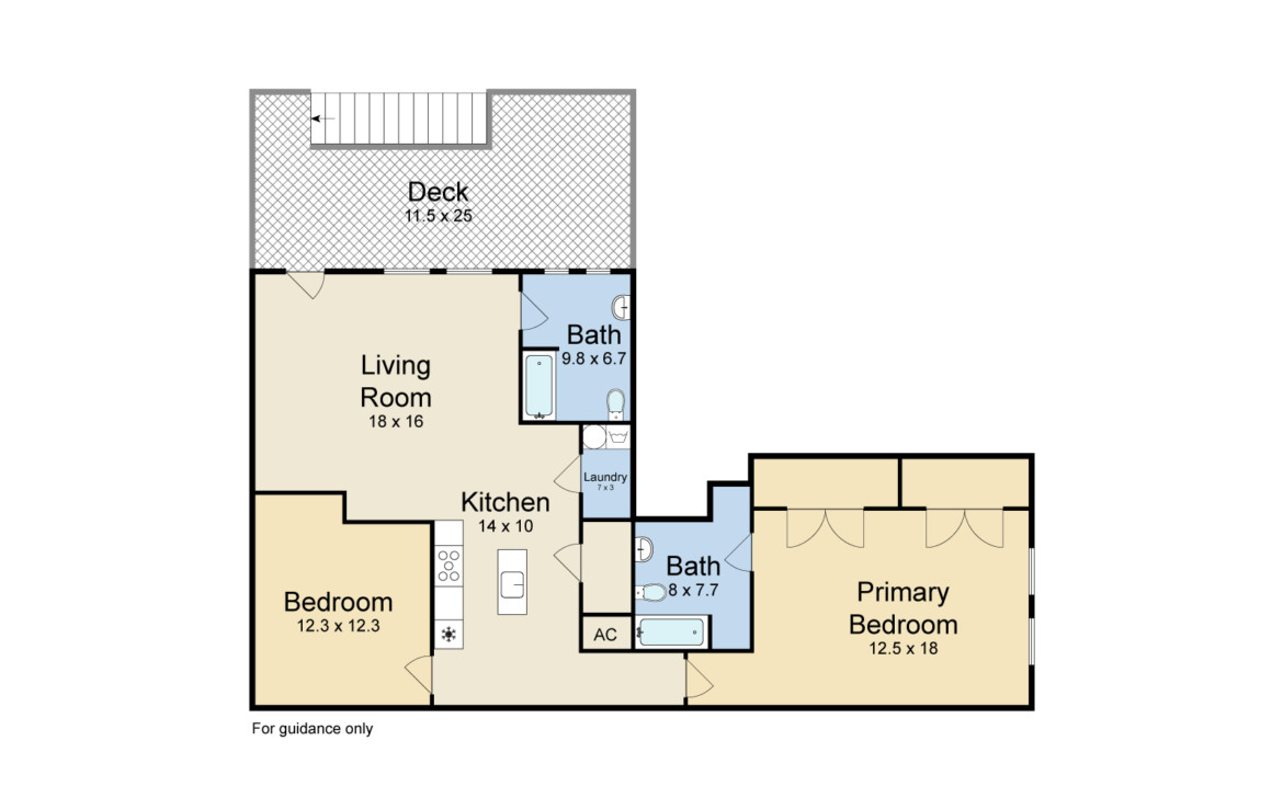 Floor plan of bedrooms, living rooms, baths and kitchen