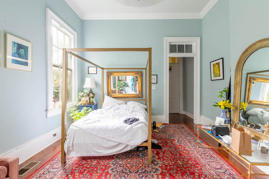 Bedroom with light blue walls