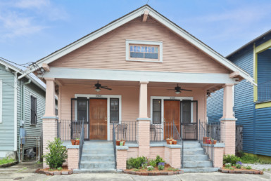 front view of pink house exterior
