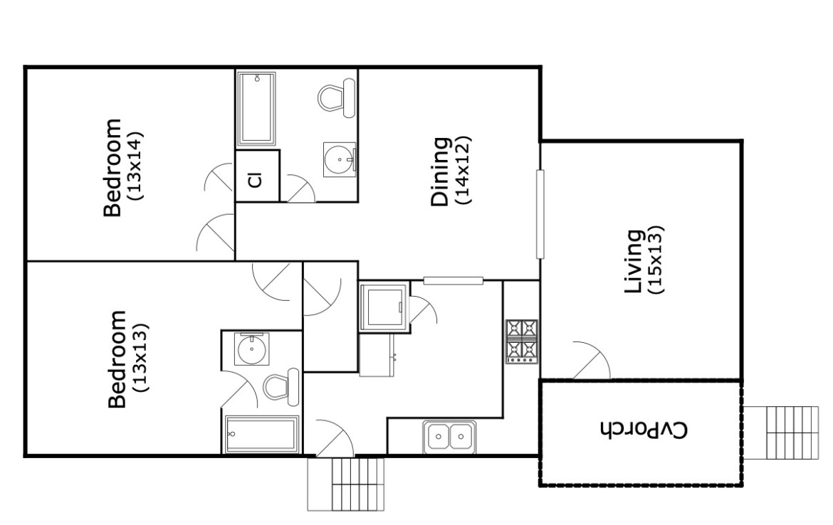 floor plan of bedrooms, living and dining room