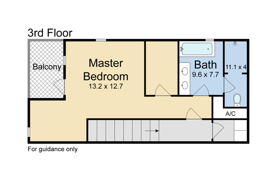 floor plan of master bedroom, bath and balcony