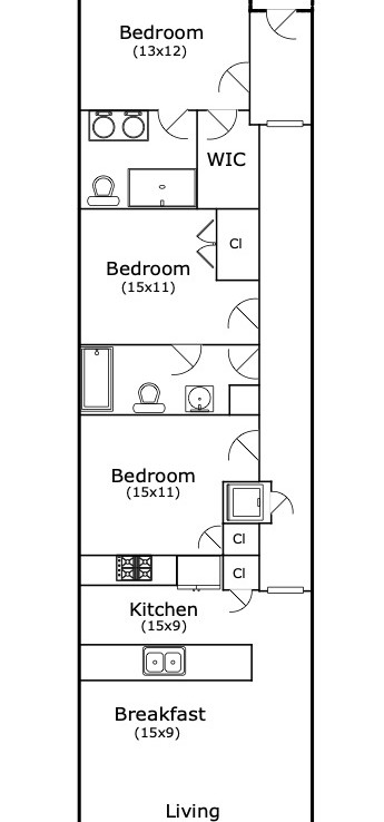 floor plan of bedrooms, living room and kitchen