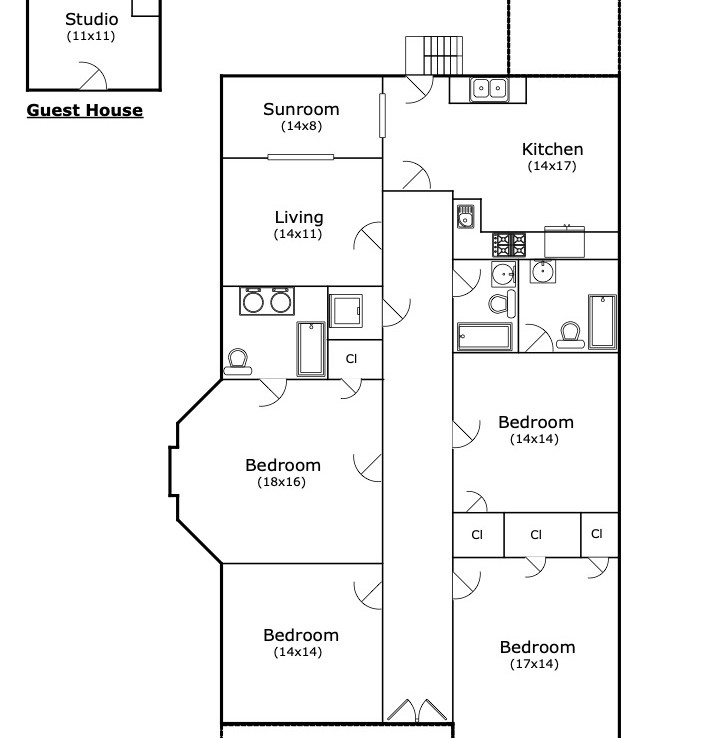 floor plan of bedrooms, living rooms, kitchen, and patios