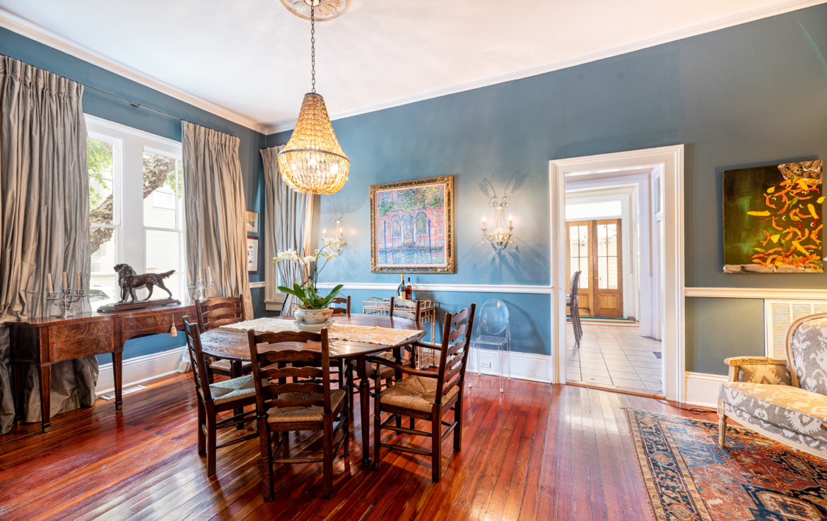 dining area with blue walls