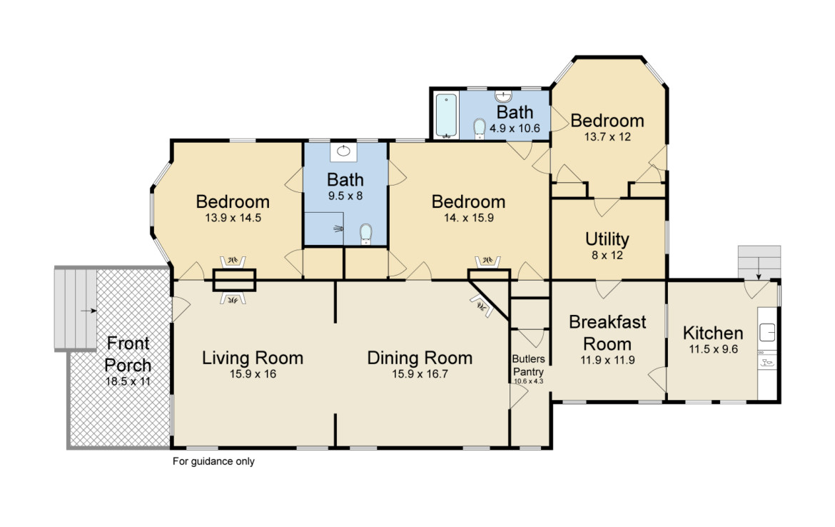 floor plan of bedrooms, living rooms, dining rooms, and baths