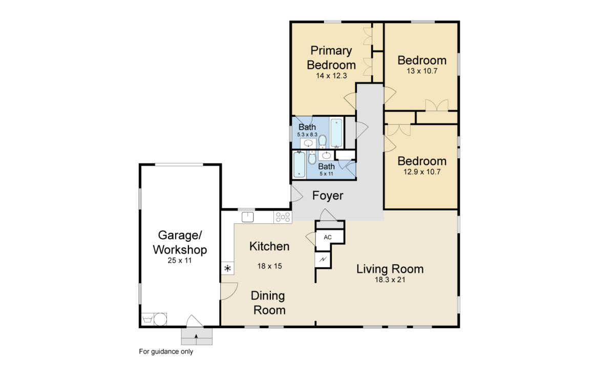 floor plan of bedrooms, living room, kitchen and dining, and garage