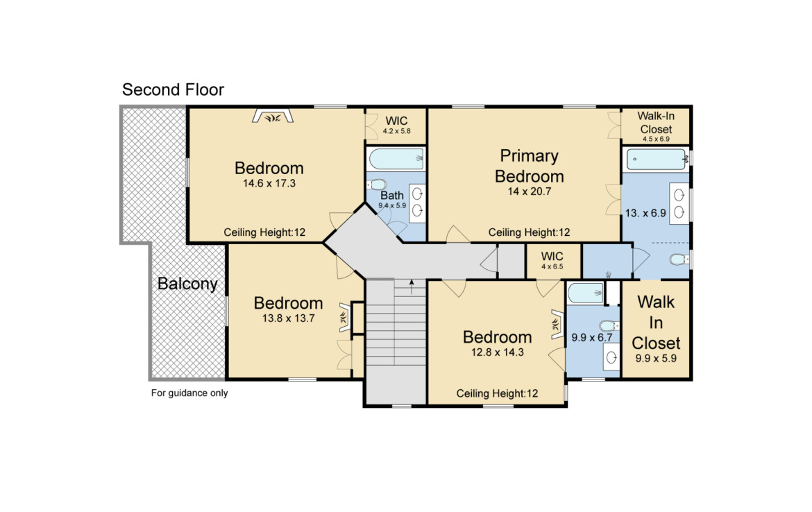 floor plan of bedrooms, baths, storage and balcony