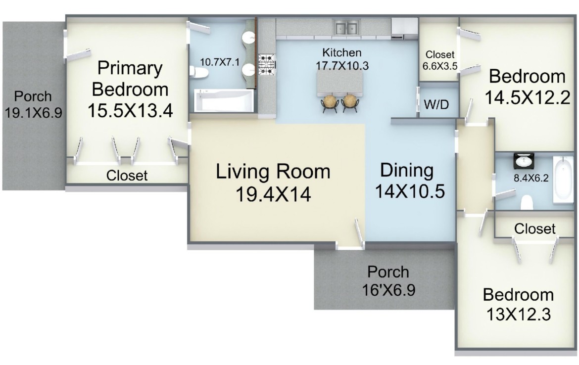 floor plan of living and bedrooms, kitchen, baths and storage