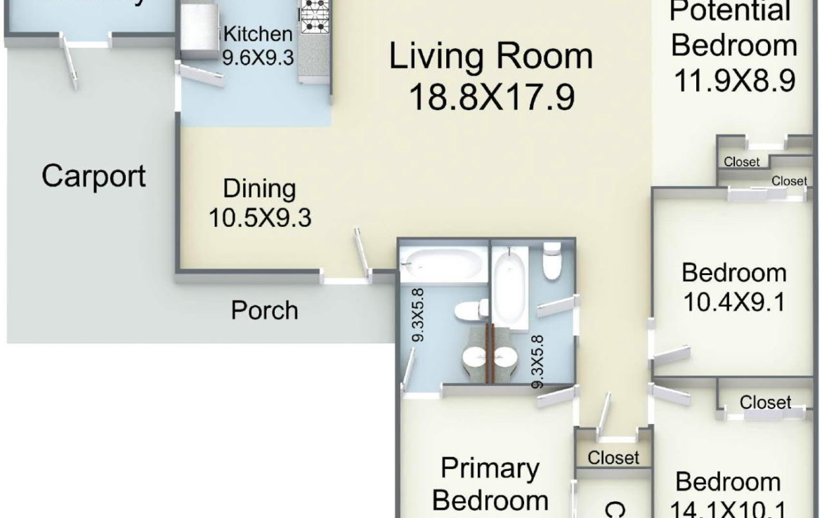 floor plan of living room and bedrooms, kitchen, laundry and baths