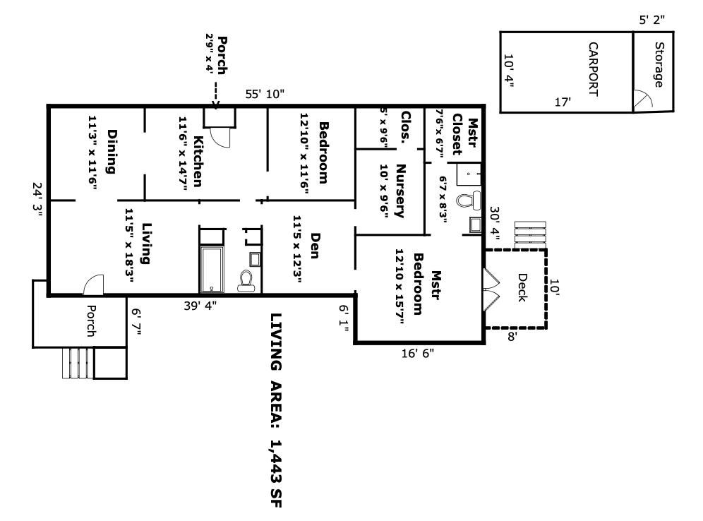 floor plan of bedroonms, kitchen, dining and living rooms, and storage