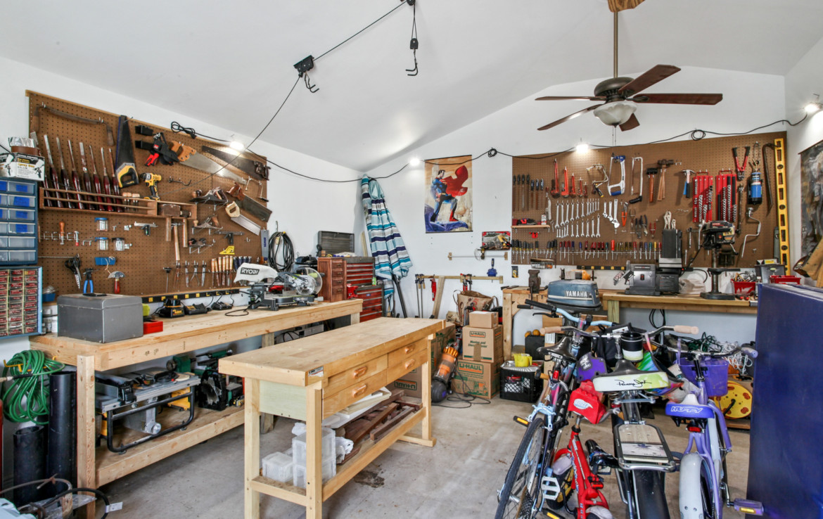 garage filled with tools and work desks