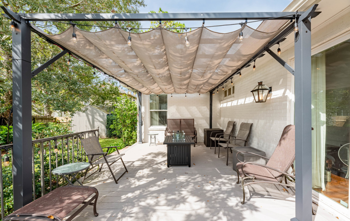 outdoor covered patio with seating