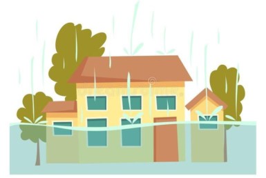 cartoon styled graphic of rain causing house flooding