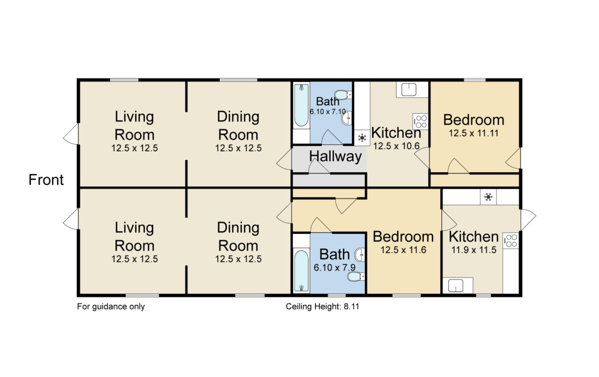 floor plan with living and dining rooms, bedrooms, kitchens and baths