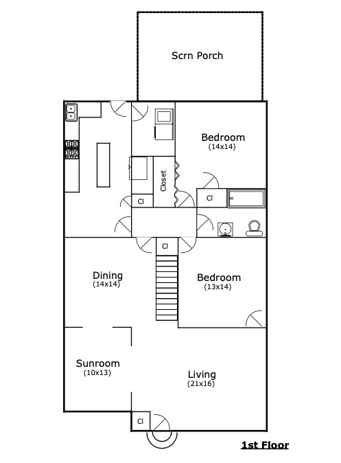 floor plan with dining and living rooms, bedrooms, sunroom, baths and porch