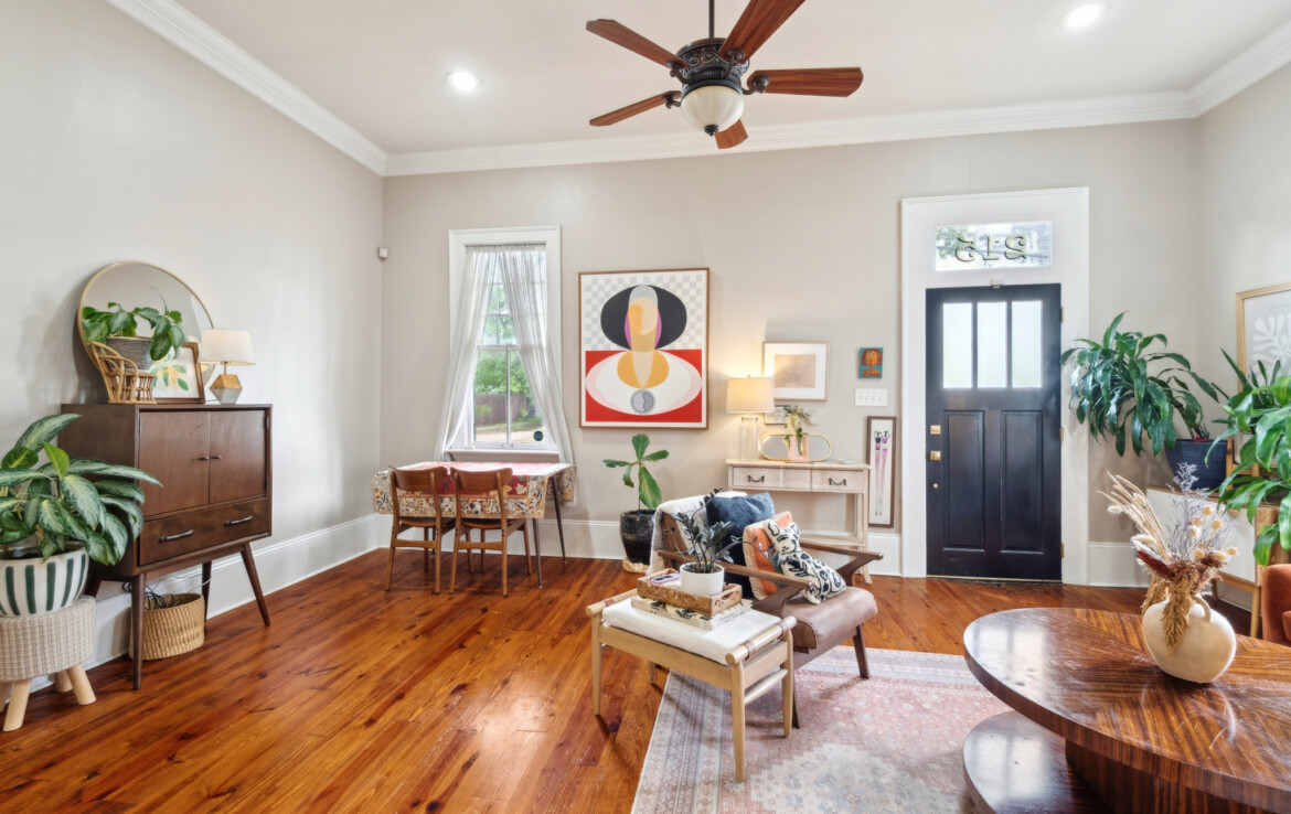 different angle of front door and living room